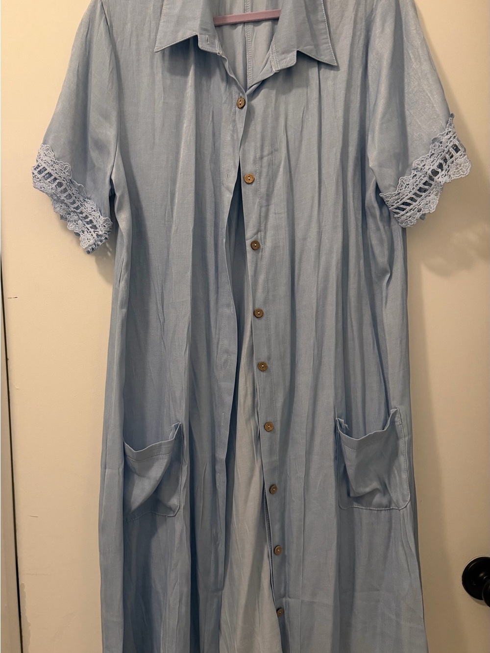 Light Blue Button-Front Dress with Lace Trim NWOT